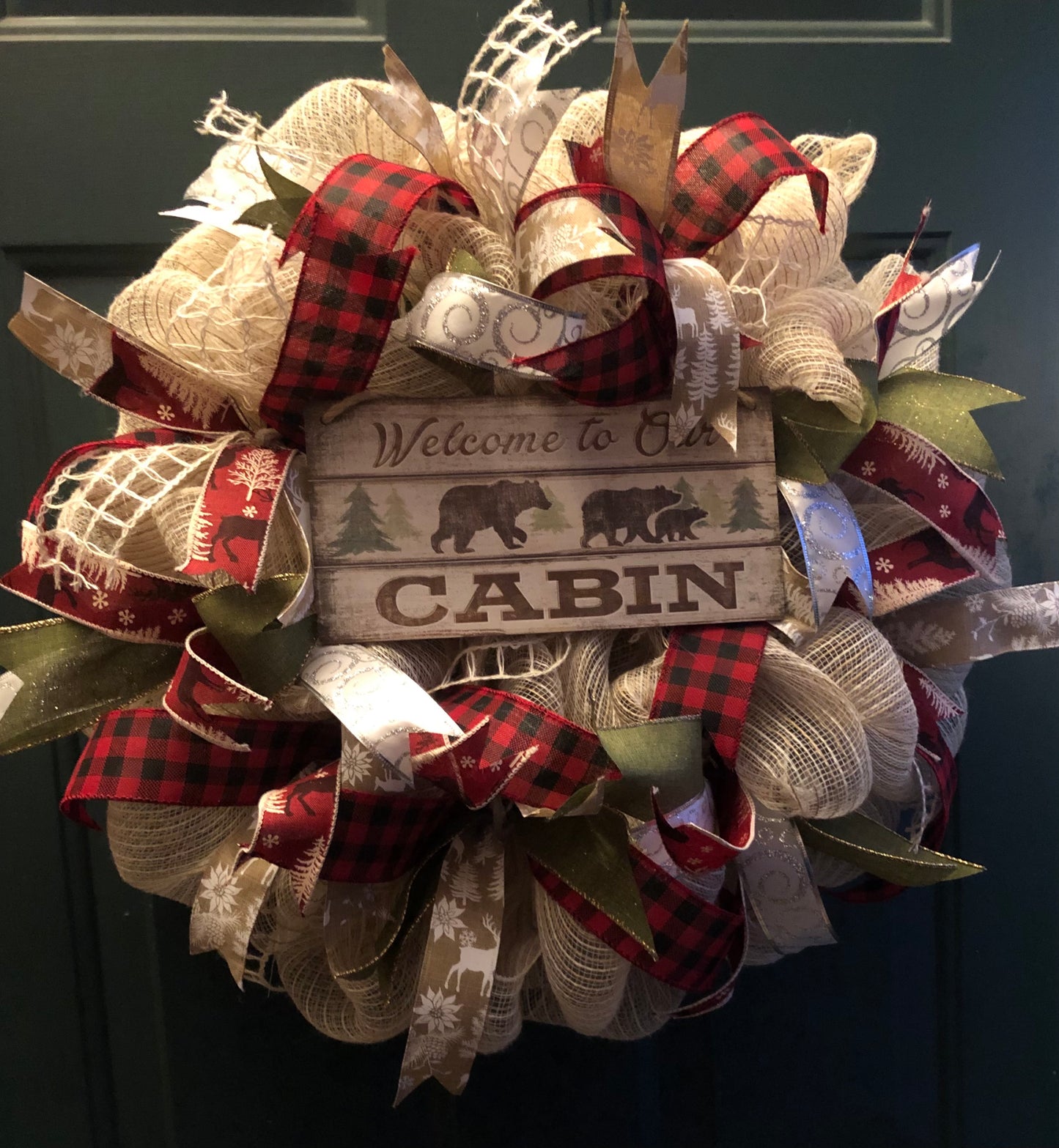 Welcome to our cabin, bear, Buffalo plaid front door wreath