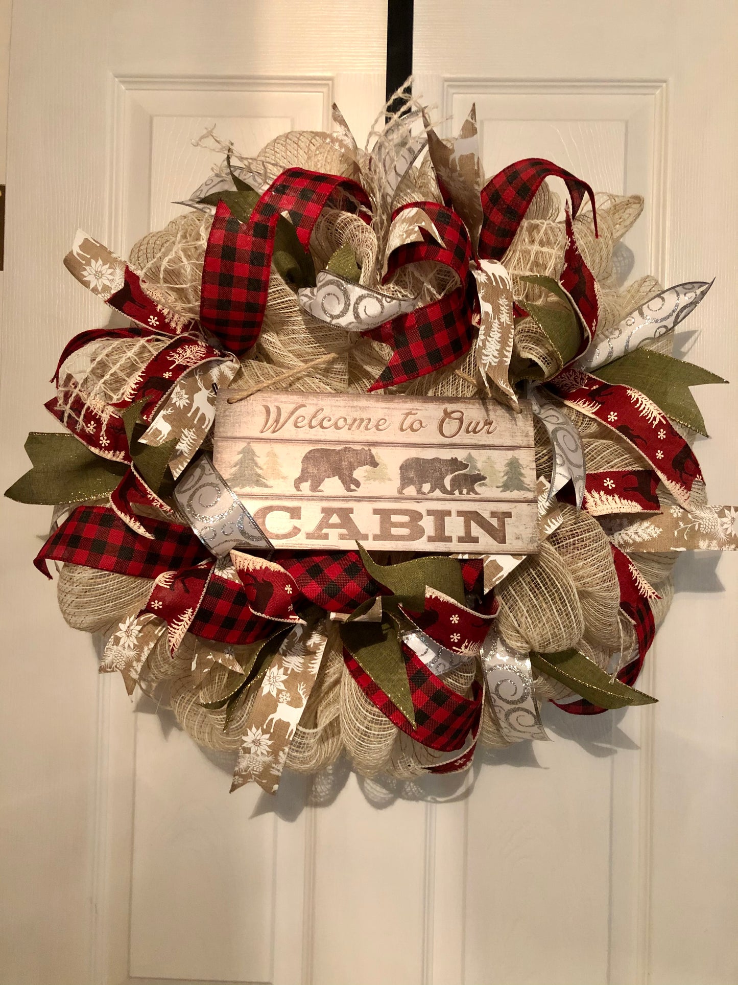 Welcome to our cabin, bear, Buffalo plaid front door wreath