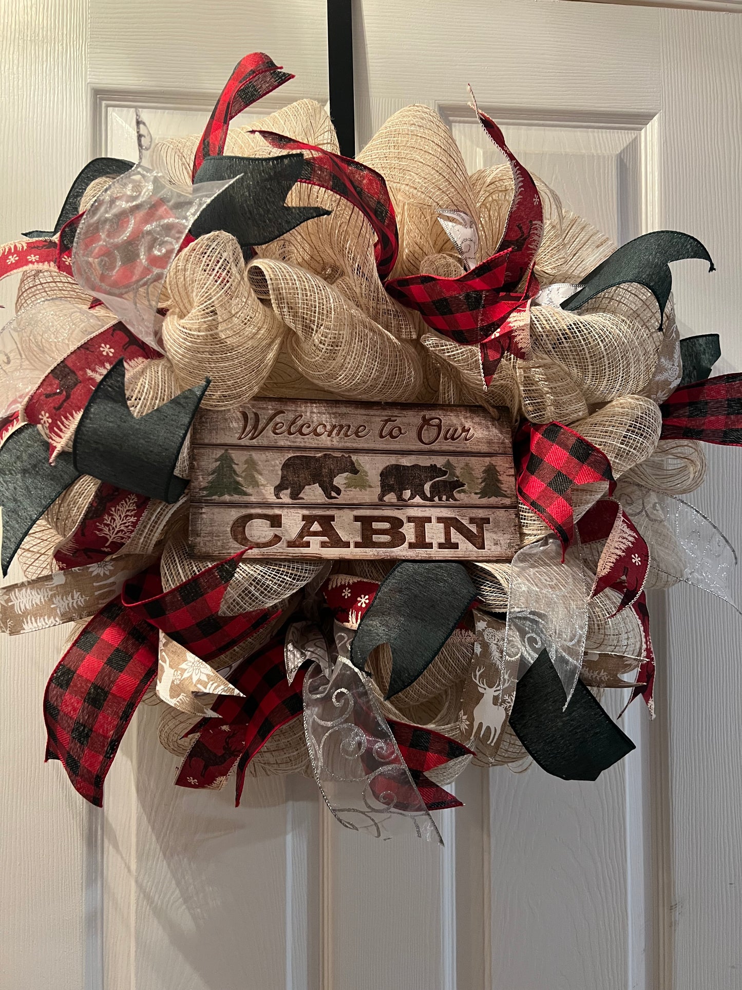 Welcome to our cabin, bear, Buffalo plaid front door wreath