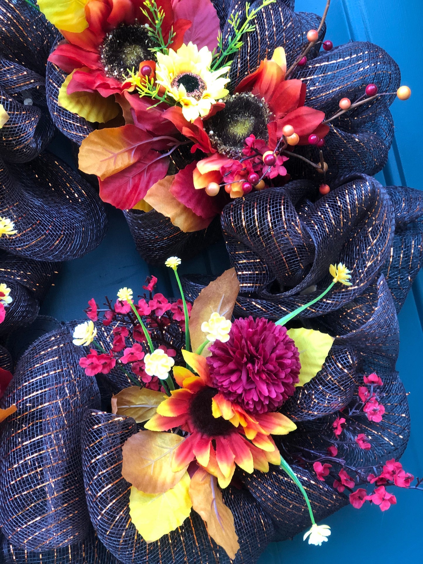 Chocolate Fall Harvest Wreath, Red Accents, leaves, sunflowers
