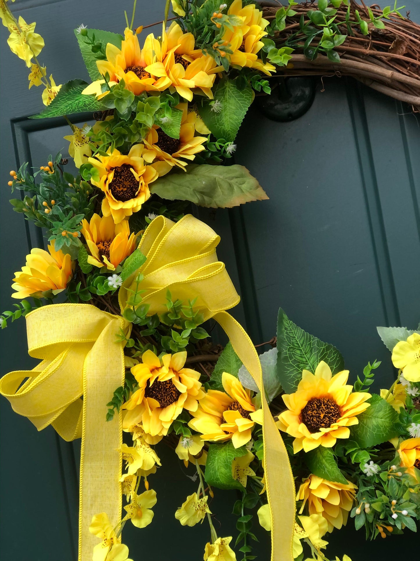 Sunny Sunflower Wreath, long bow tail, rustic front door decor