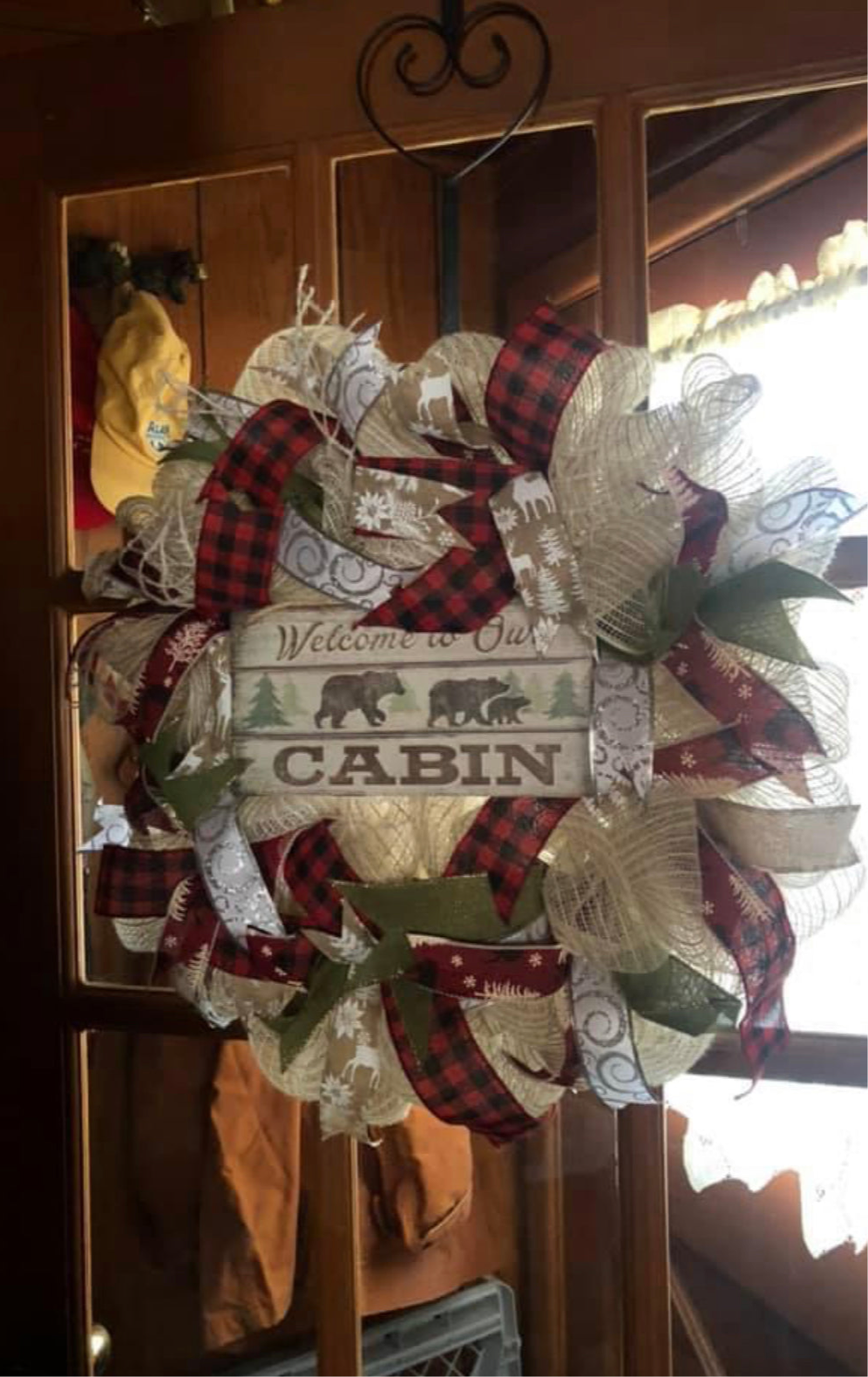 Welcome to our cabin, bear, Buffalo plaid front door wreath