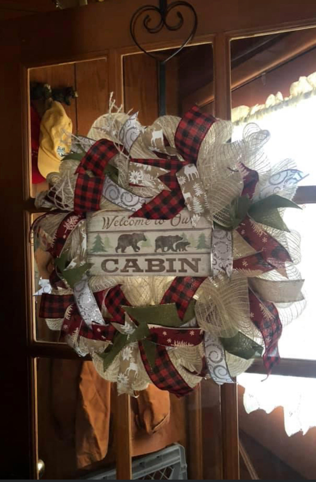 Welcome to our cabin, bear, Buffalo plaid front door wreath