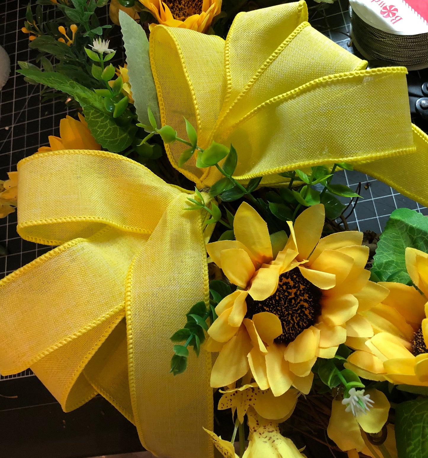 Sunny Sunflower Wreath, long bow tail, rustic front door decor