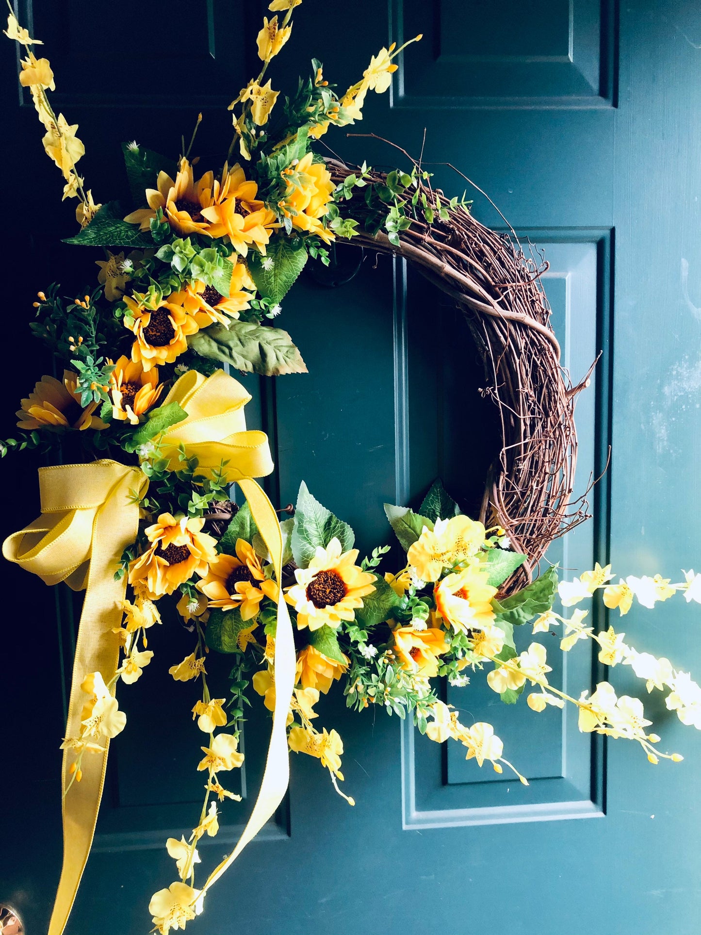 Sunny Sunflower Wreath, long bow tail, rustic front door decor