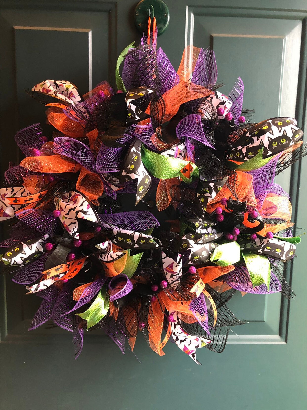 Halloween Wreath | Bat and Black Cat Front Door Decor | Orange Purple Halloween Decoration