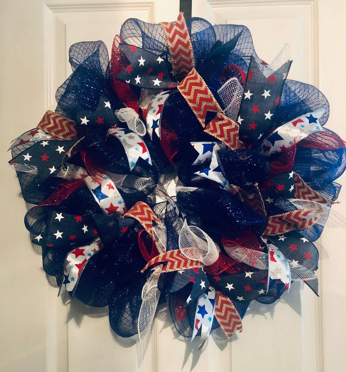 4th of July Wreath. Blue Deco Mesh, Stars & Stripes Front Door Decor