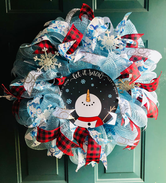 Winter Wonderland, Snowman, Blue Front Door Wreath