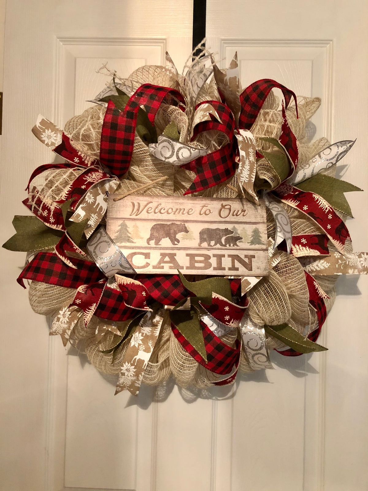 Welcome to our cabin, bear, Buffalo plaid front door wreath