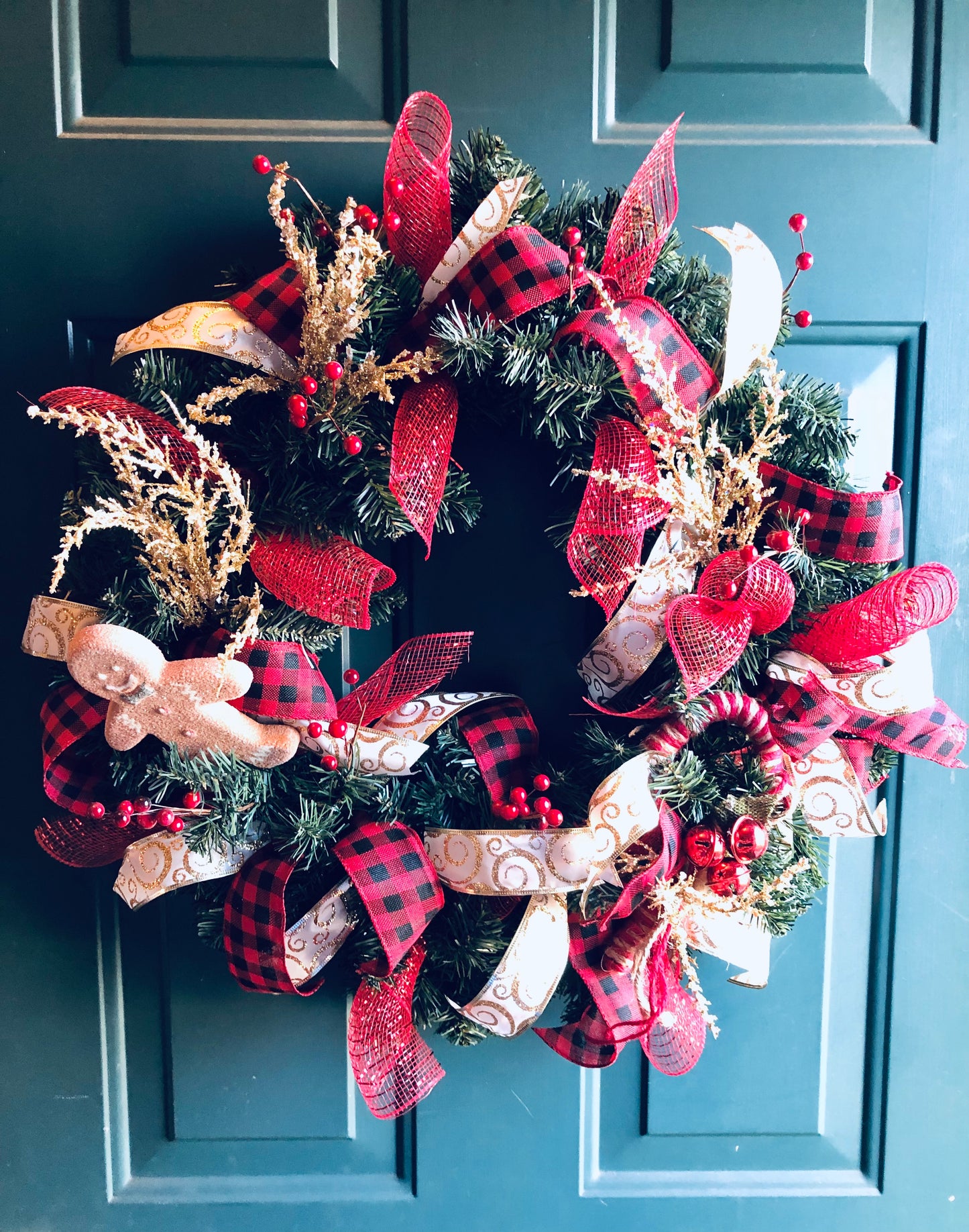 Gingerbread, Buffalo Plaid Ribbon, Gold Accents Christmas Wreath