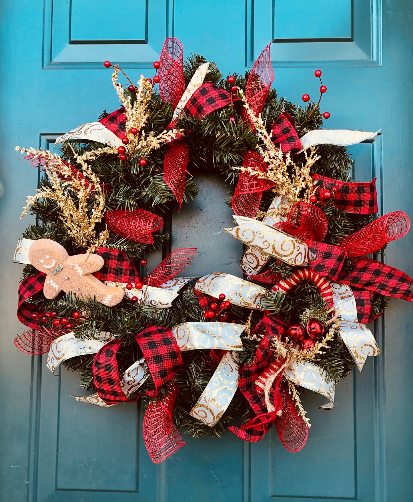 Gingerbread, Buffalo Plaid Ribbon, Gold Accents Christmas Wreath