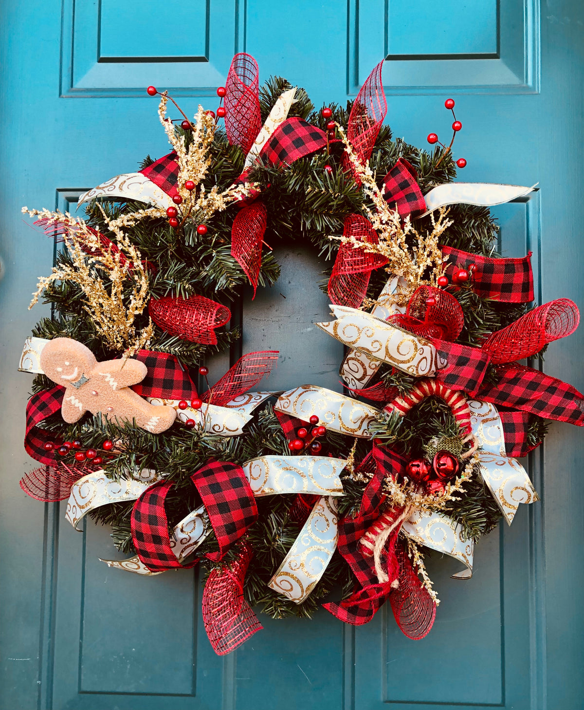 Gingerbread Greenery Christmas Wreath, Plaid & Gold