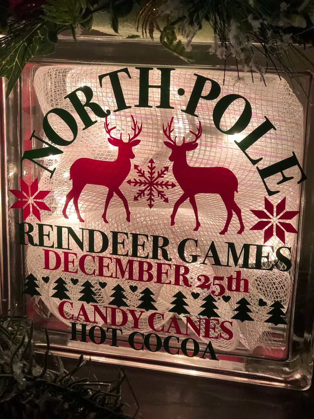 Close-up of North Pole Reindeer Games, December 25th, Candy Canes and Hot Cocoa lettering
