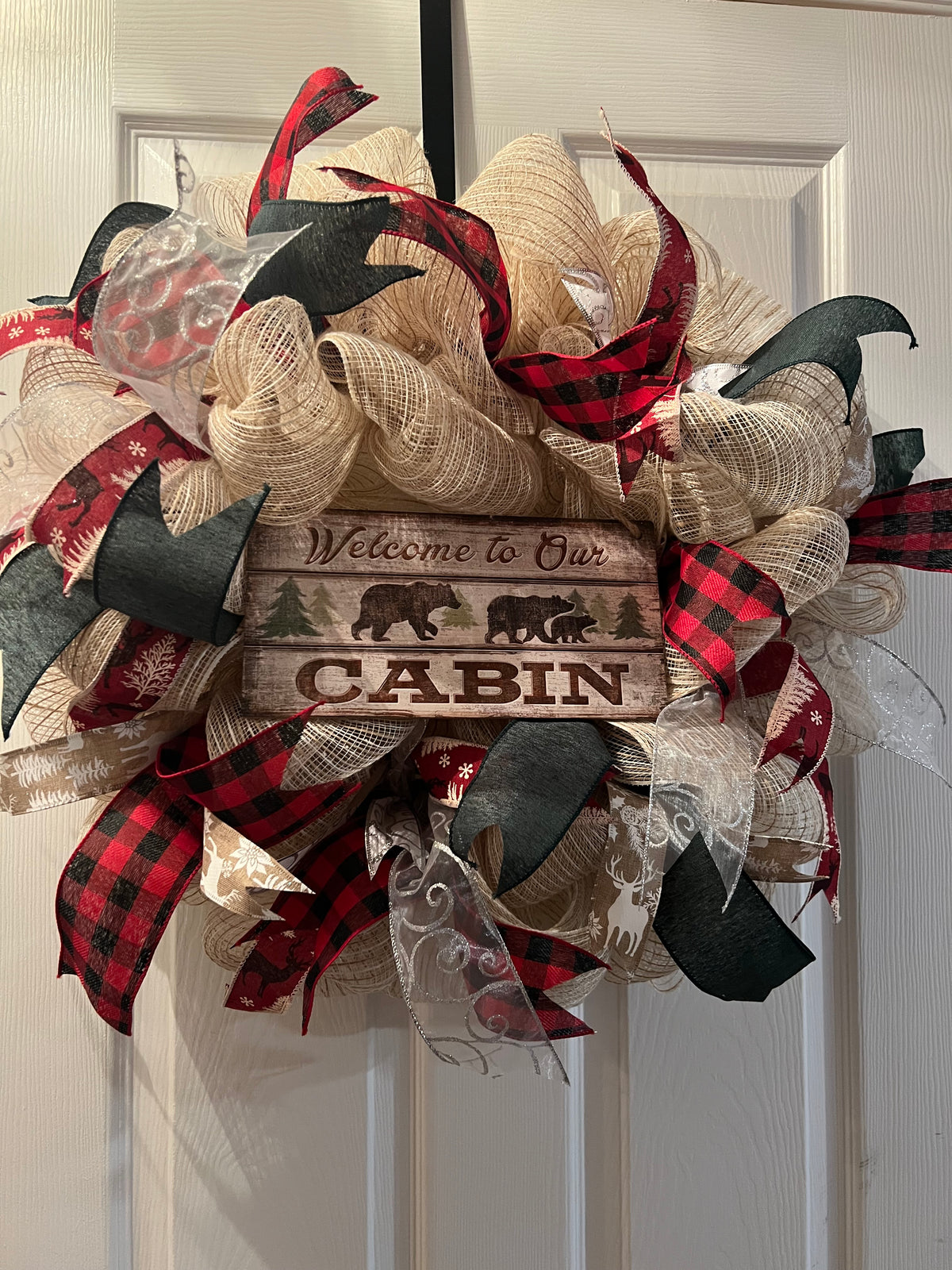 Welcome to our cabin, bear, Buffalo plaid front door wreath
