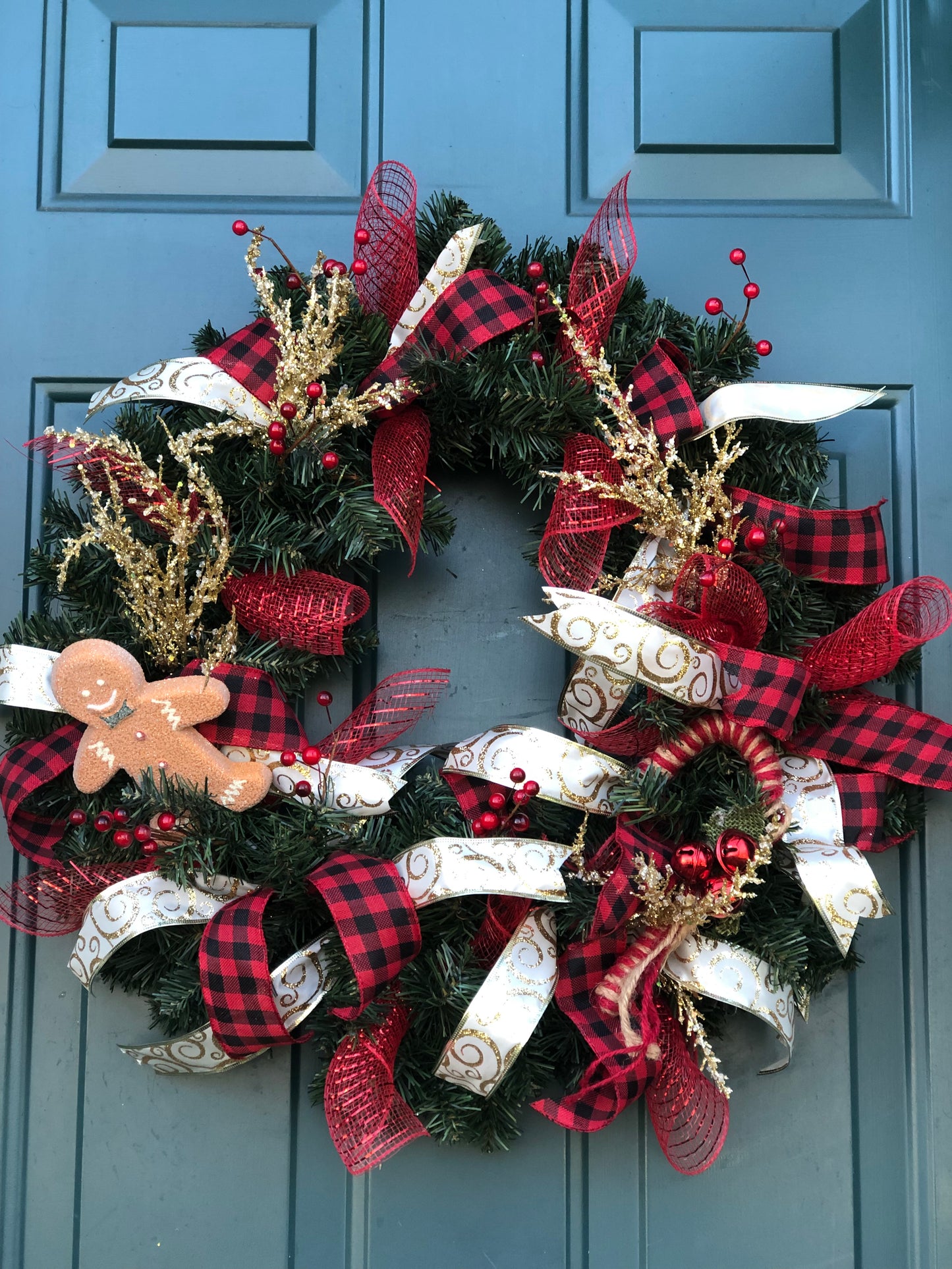 Gingerbread, Buffalo Plaid Ribbon, Gold Accents Christmas Wreath