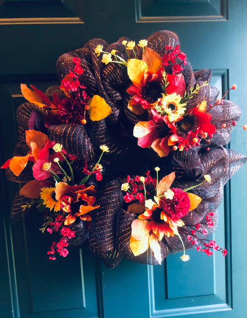 Chocolate Fall Harvest Wreath, Red Accents, leaves, sunflowers