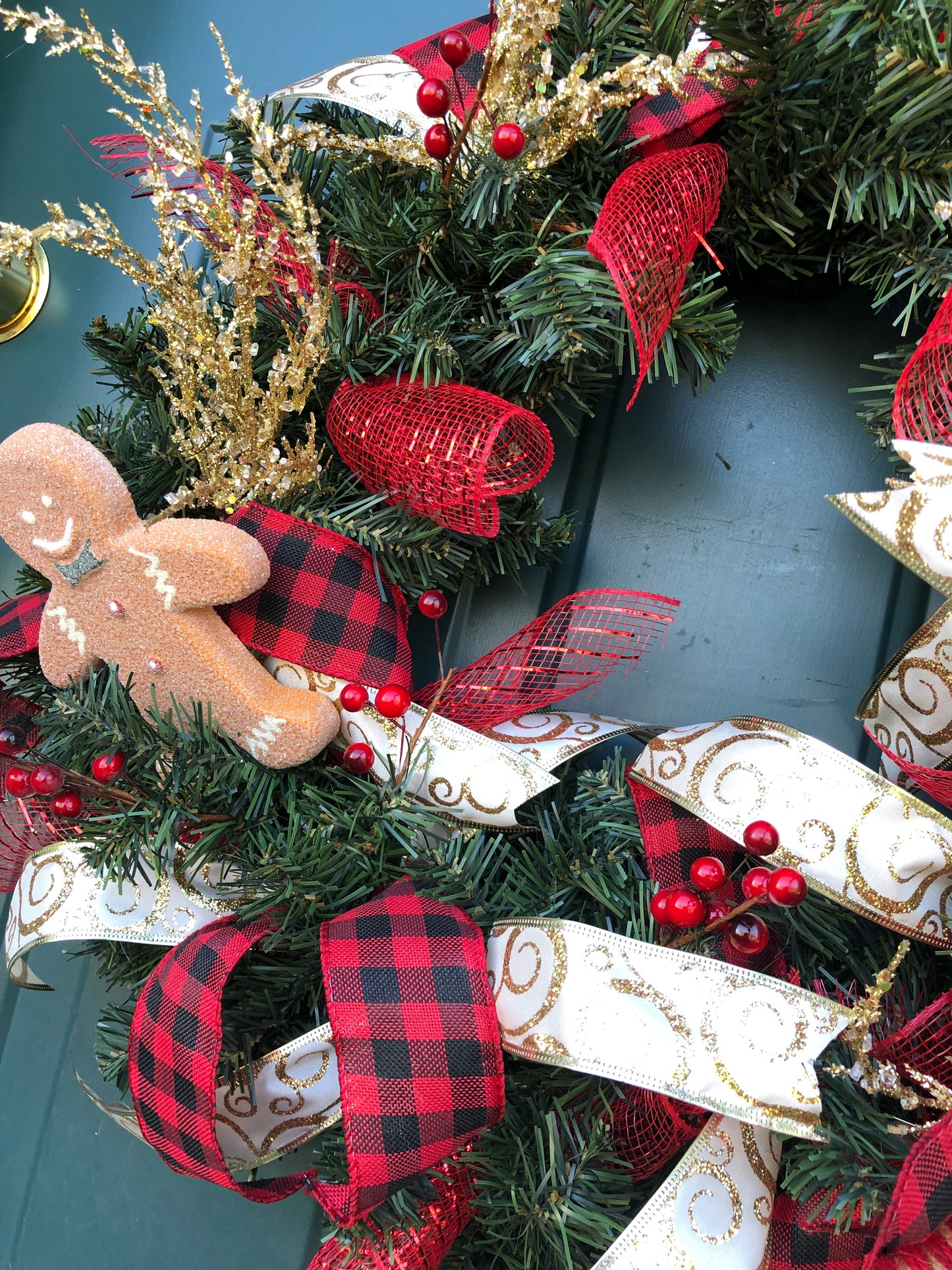 Gingerbread, Buffalo Plaid Ribbon, Gold Accents Christmas Wreath