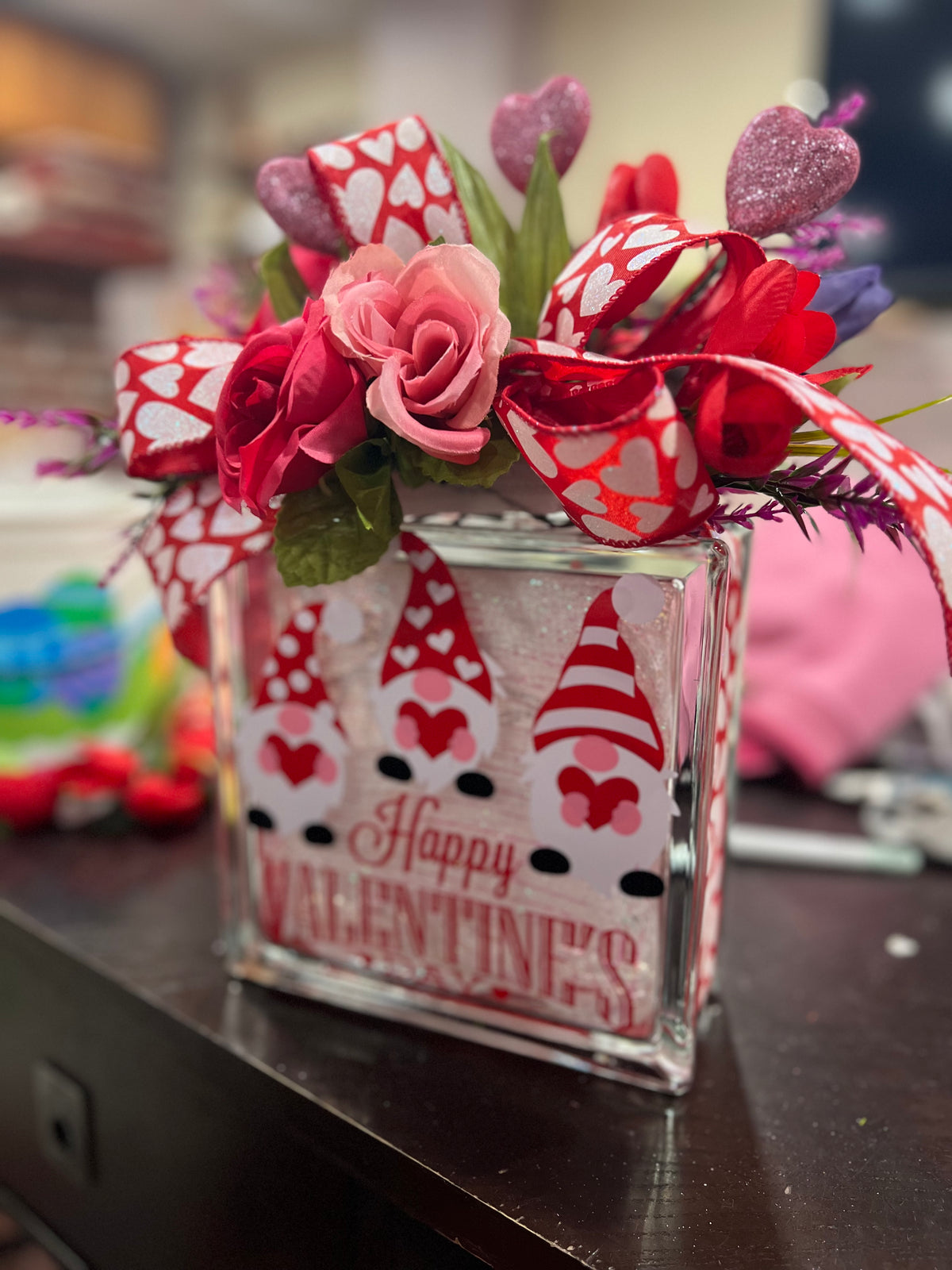 Gnome Valentine's light box with pink roses and red-and-white heart ribbon