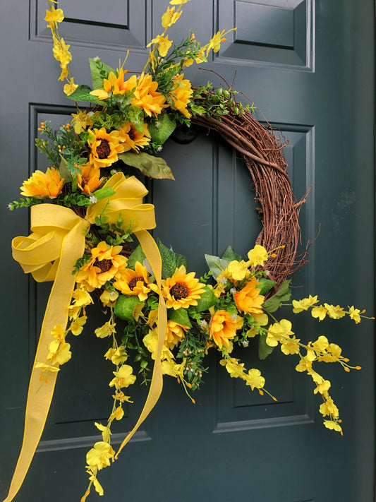 Sunny Sunflower Wreath, long bow tail, rustic front door decor