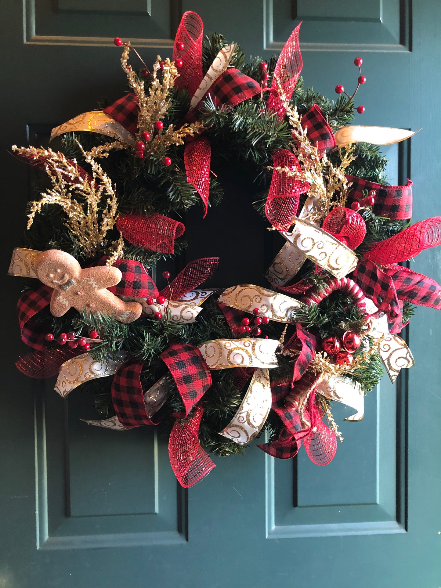 Gingerbread, Buffalo Plaid Ribbon, Gold Accents Christmas Wreath