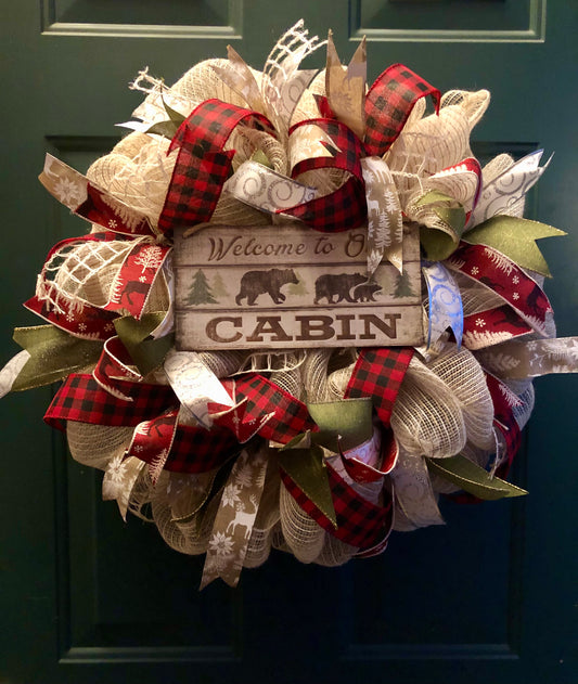 Welcome to our cabin, bear, Buffalo plaid front door wreath