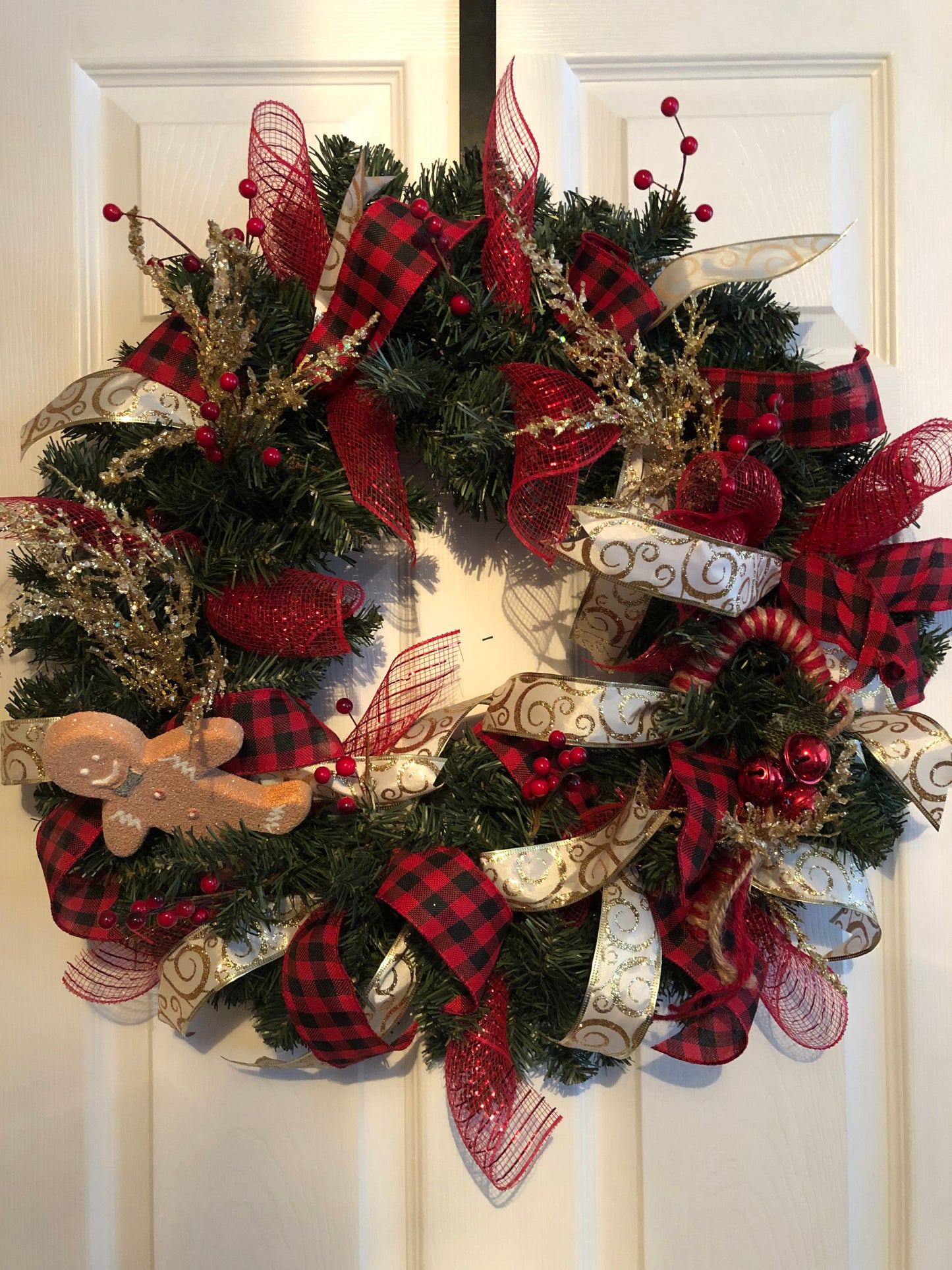 Gingerbread, Buffalo Plaid Ribbon, Gold Accents Christmas Wreath