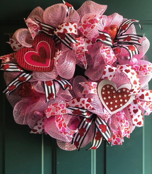 Pink Valentines Day Front Door Wreath, hearts and lots of love.