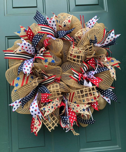 Patriotic Wreath- 4th of July- Memorial, red white and blue, American front door wreath