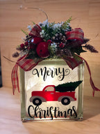 Vintage truck Christmas light box with burgundy florals, pinecones and red plaid ribbon