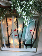 Glowing birch tree and deer scene with baby's breath and pine on top