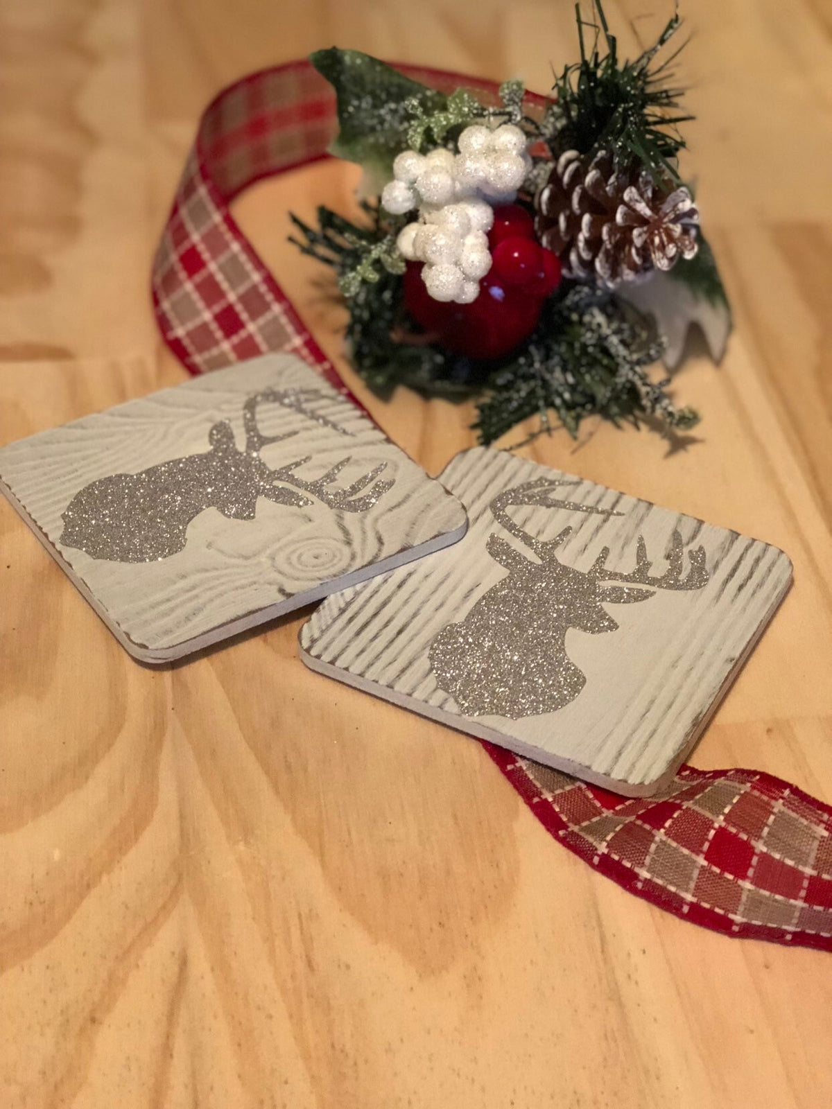 Rustic Deer Coasters – Silver Glitter Christmas Drink Coaster Set, Farmhouse Holiday Decor