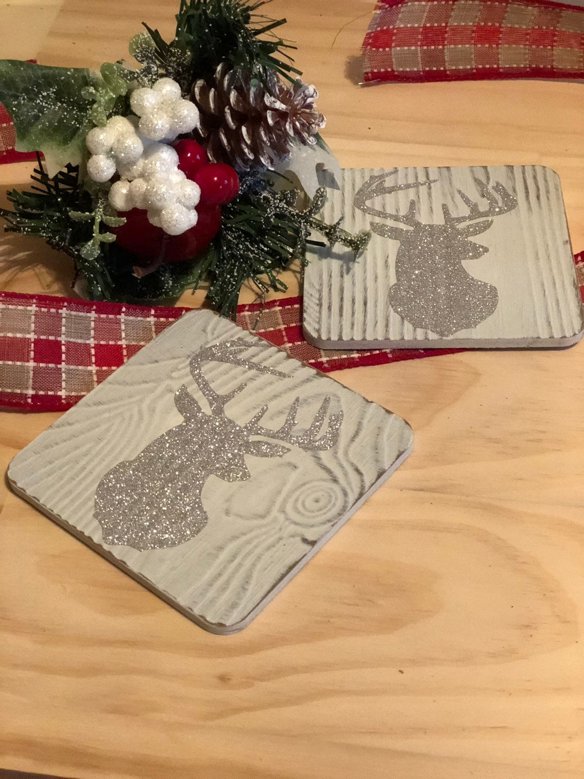 Rustic Deer Coasters – Silver Glitter Christmas Drink Coaster Set, Farmhouse Holiday Decor