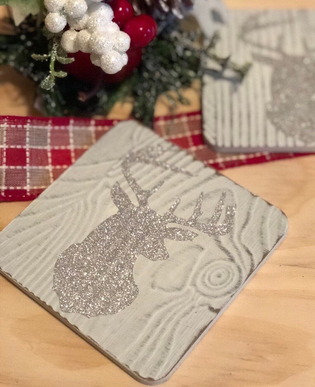 Rustic Deer Coasters – Silver Glitter Christmas Drink Coaster Set, Farmhouse Holiday Decor