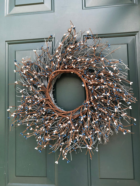 Blue, White and Gray Grapevine Wreath