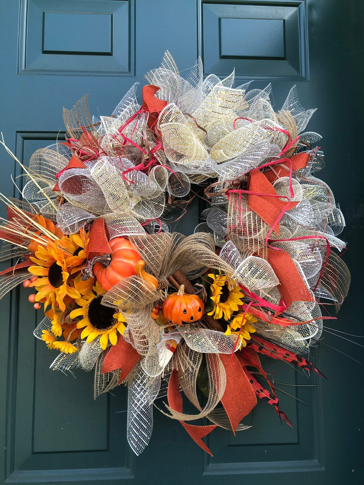 Gold Maize, Silver Sunflower Wreath, Fall Home Decor
