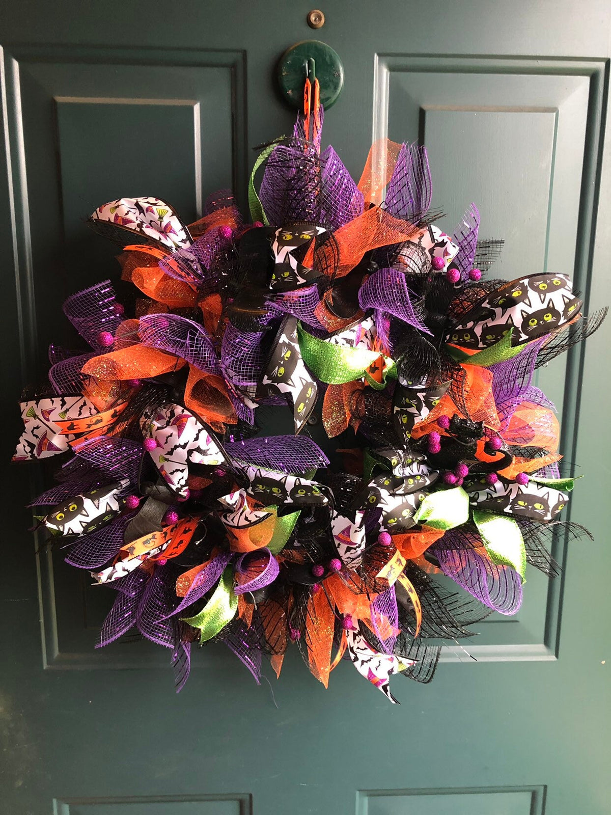 Halloween Wreath | Bat and Black Cat Front Door Decor | Orange Purple Halloween Decoration