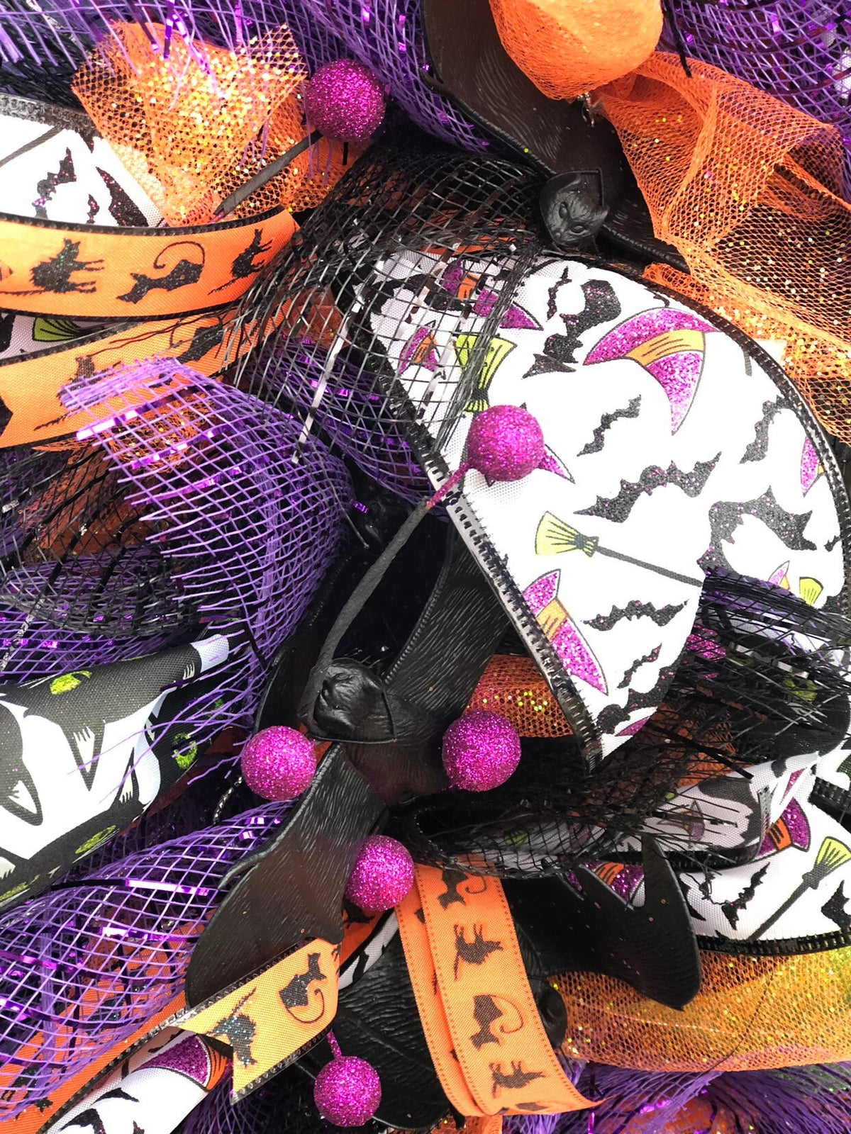 Halloween Wreath | Bat and Black Cat Front Door Decor | Orange Purple Halloween Decoration