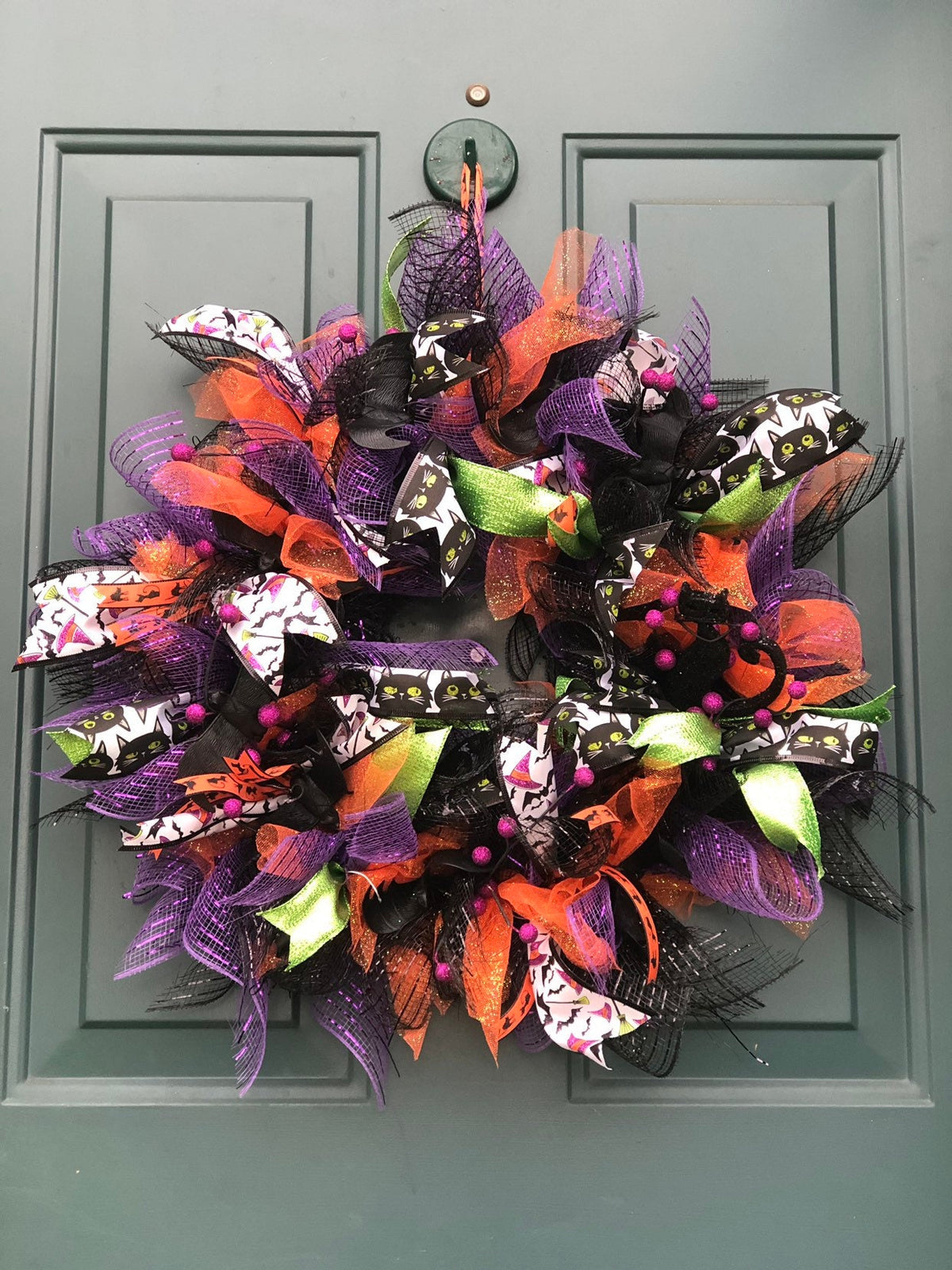 Halloween Wreath | Bat and Black Cat Front Door Decor | Orange Purple Halloween Decoration