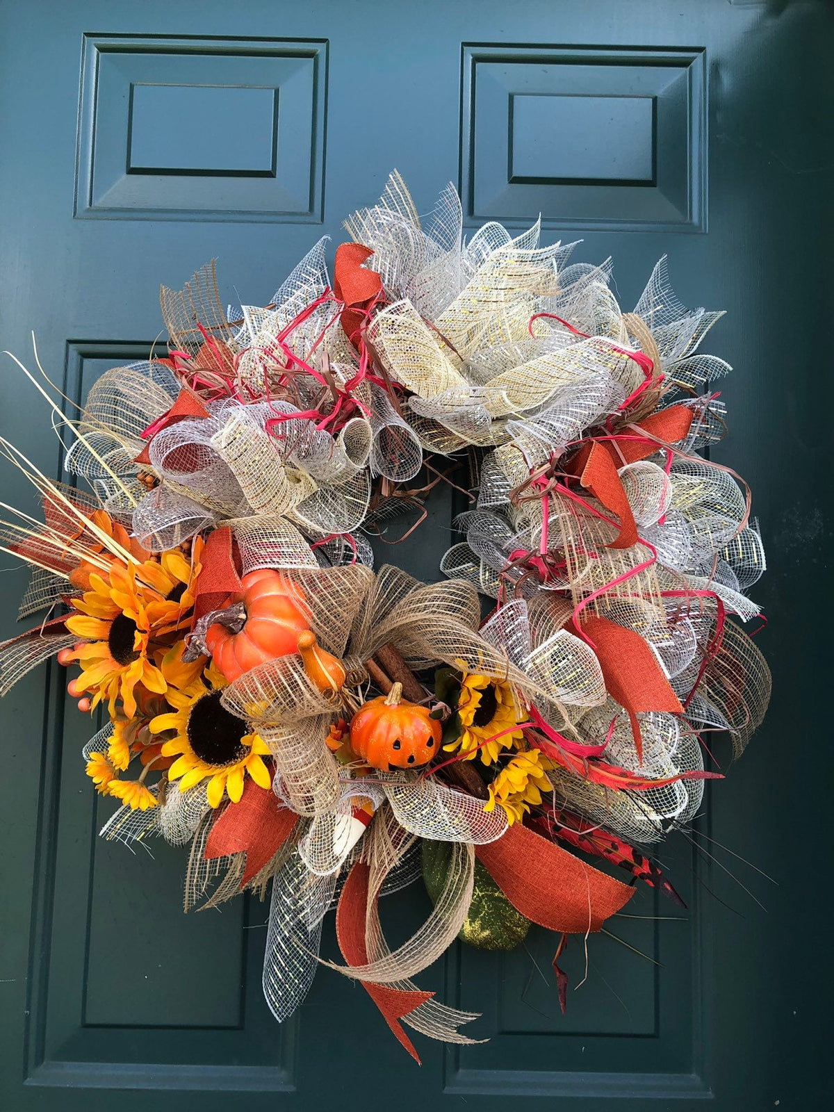 Gold Maize, Silver Sunflower Wreath, Fall Home Decor
