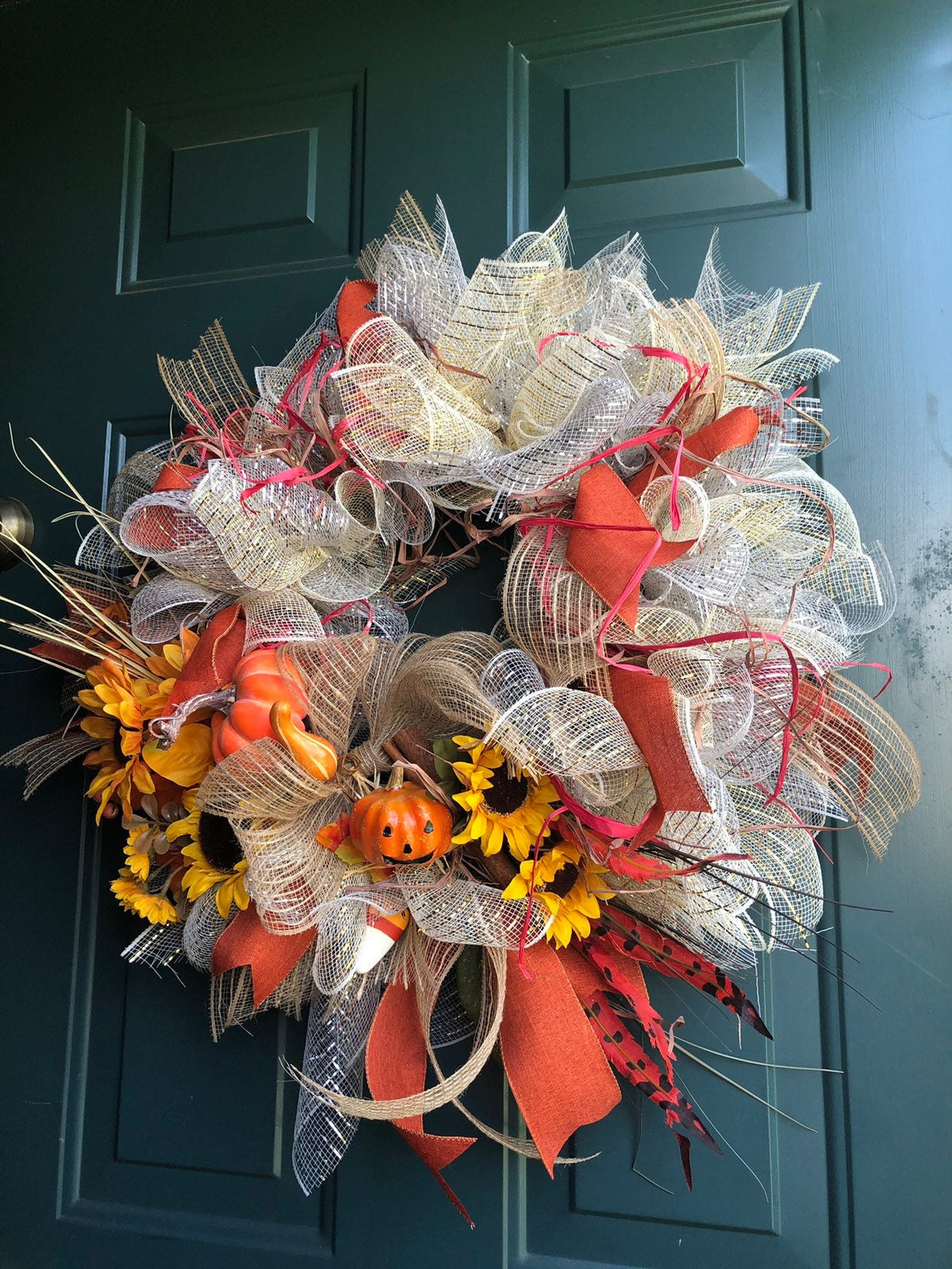 Gold Maize, Silver Sunflower Wreath, Fall Home Decor