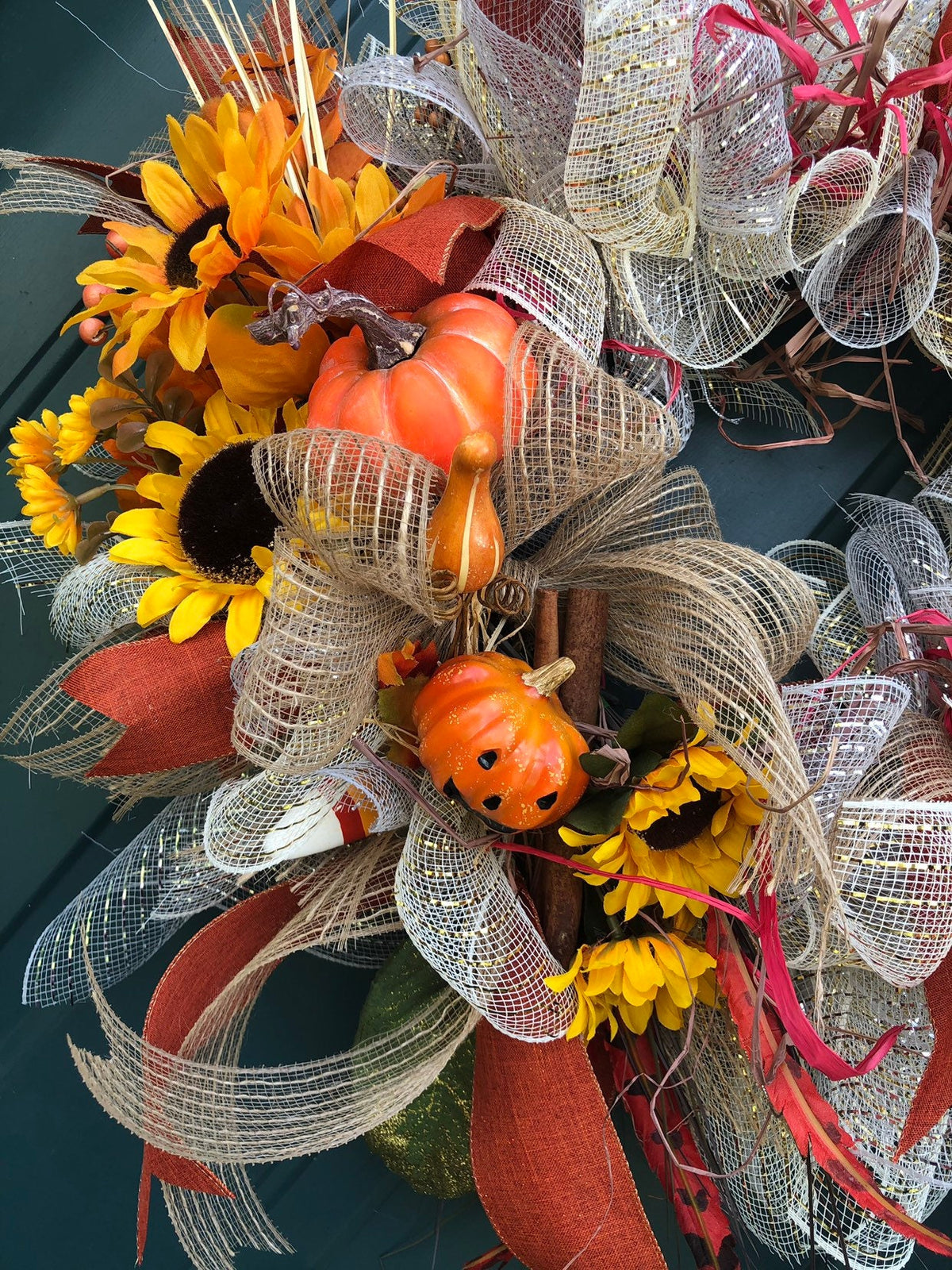 Gold Maize, Silver Sunflower Wreath, Fall Home Decor