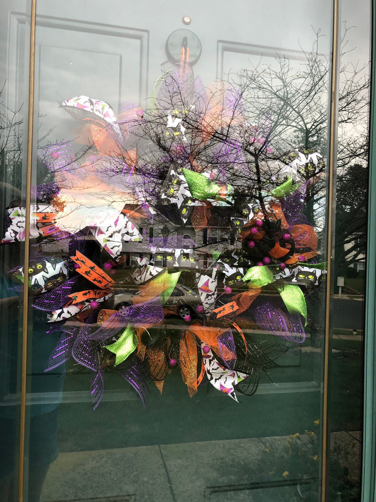 Halloween Wreath | Bat and Black Cat Front Door Decor | Orange Purple Halloween Decoration