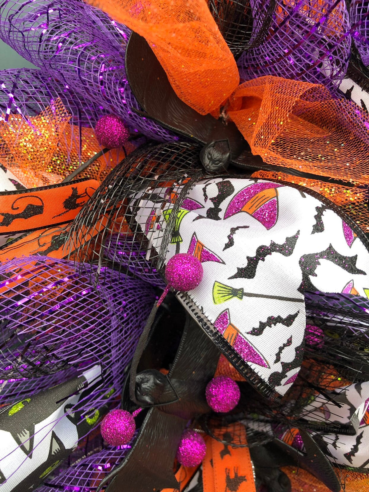 Halloween Wreath | Bat and Black Cat Front Door Decor | Orange Purple Halloween Decoration