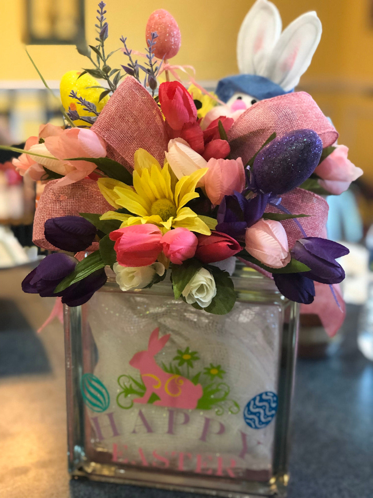 Easter Lighted Glass Box: Bunny & Eggs Decor