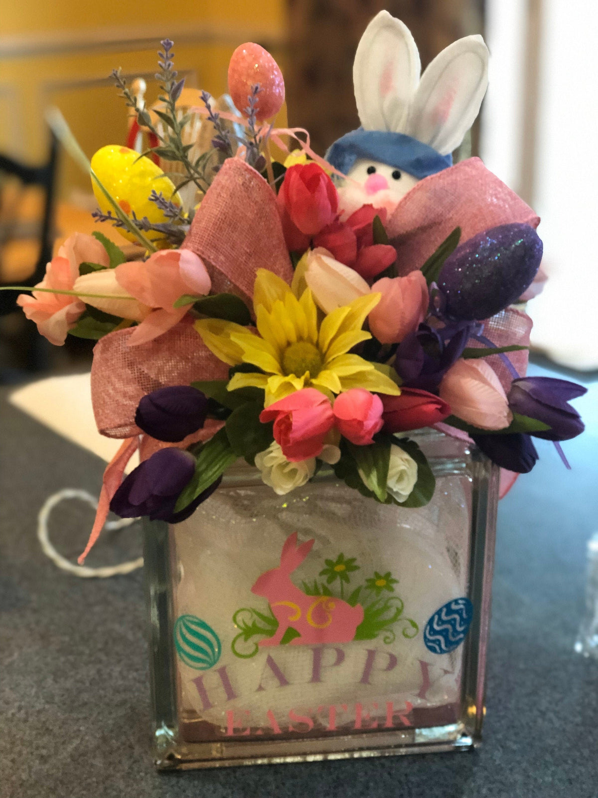 Easter Lighted Glass Box: Bunny & Eggs Decor