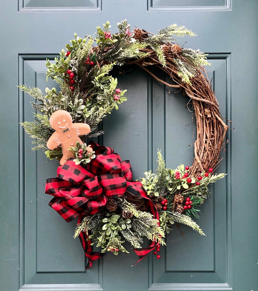 Buffalo Plaid Gingerbread, Grapvine Christmas Wreath