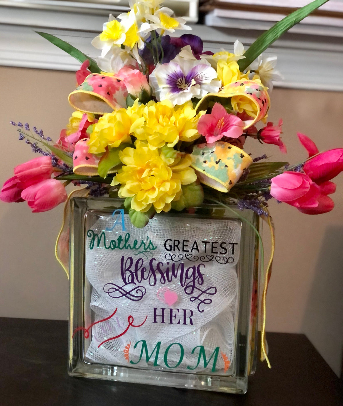 Mother's Day light box with yellow daisies, pink tulips and pansies, shown unlit