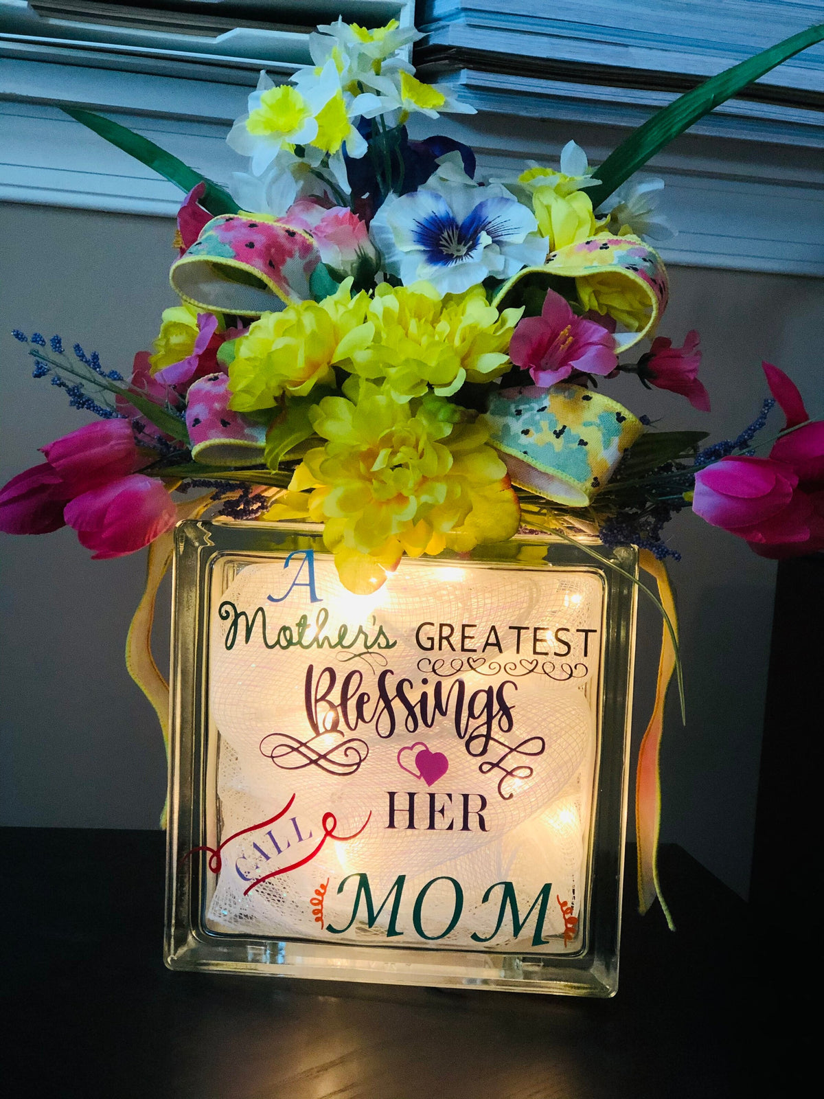 Mother's Day gift light box glowing with yellow and pink spring flowers