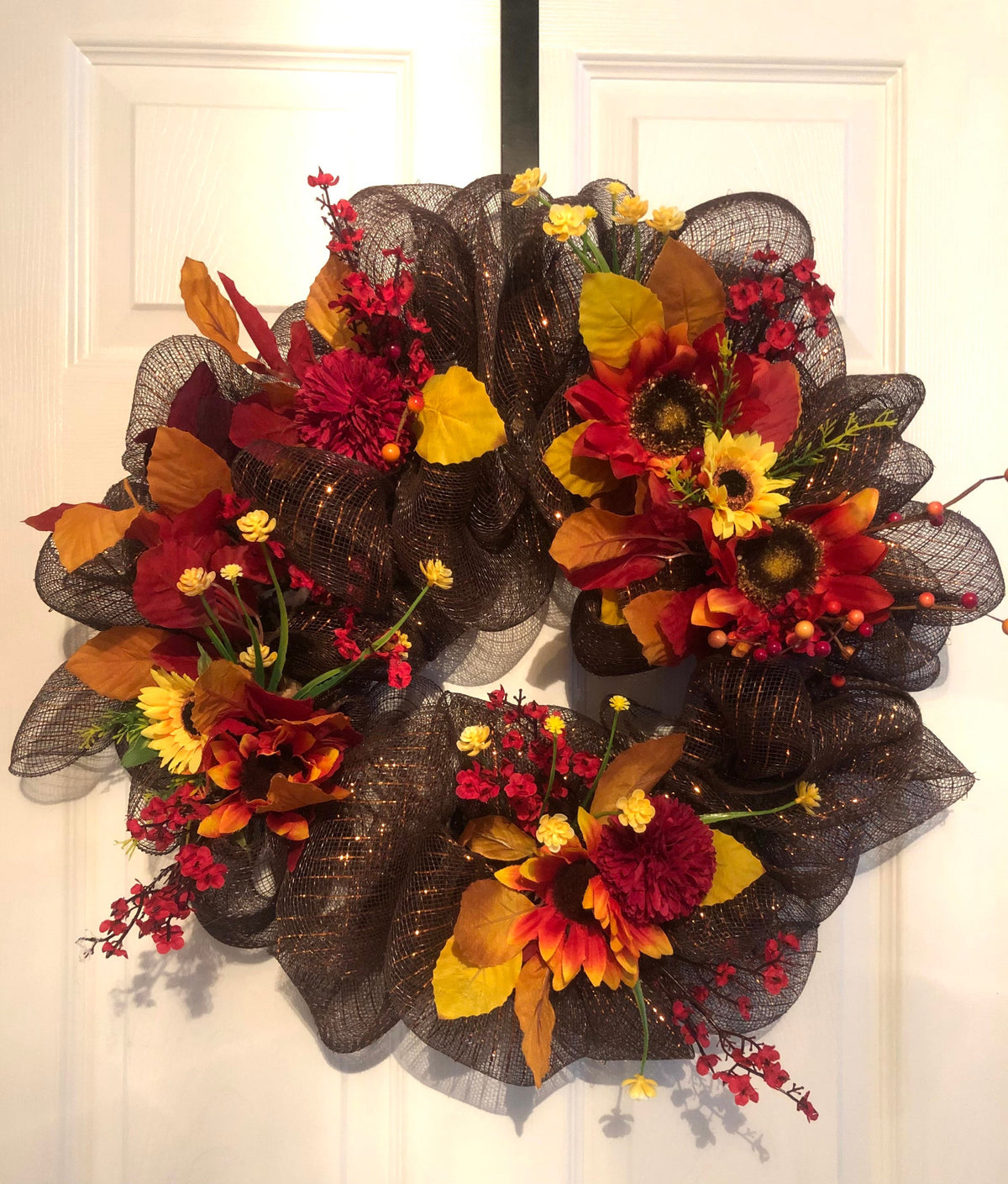 Chocolate Fall Harvest Wreath, Red Accents, leaves, sunflowers