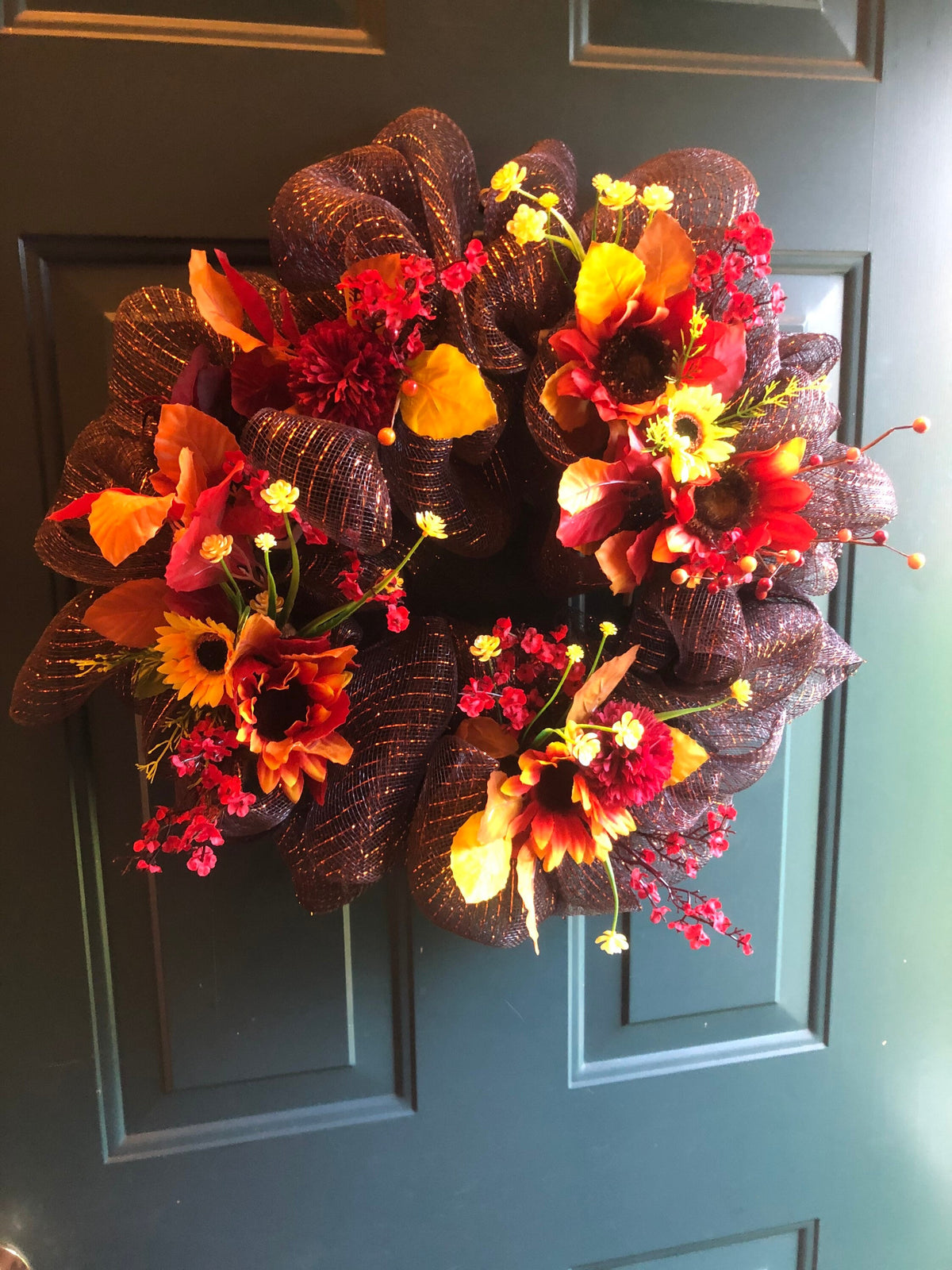 Chocolate Fall Harvest Wreath, Red Accents, leaves, sunflowers